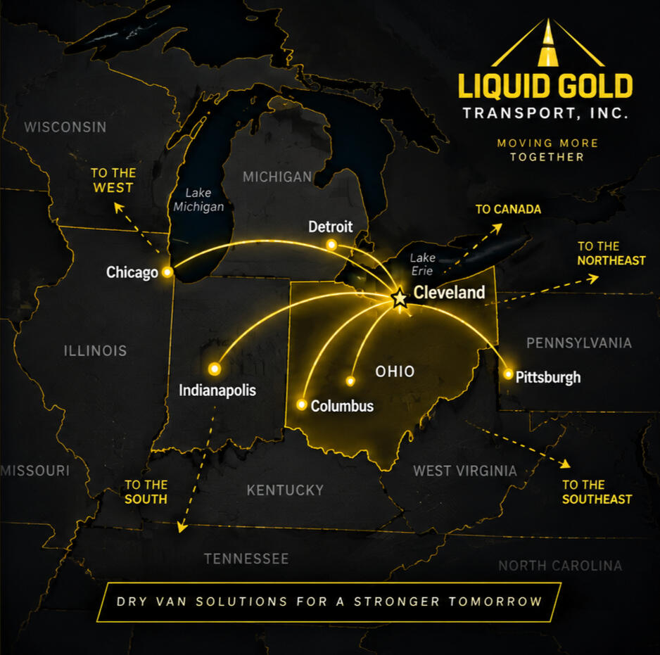 Liquid Gold Transport – Midwest Service Area Liquid Gold Transport service area map showing dry van freight routes from Northeast Ohio to Cleveland, Columbus, Pittsburgh, Detroit, Indianapolis, and Chicago