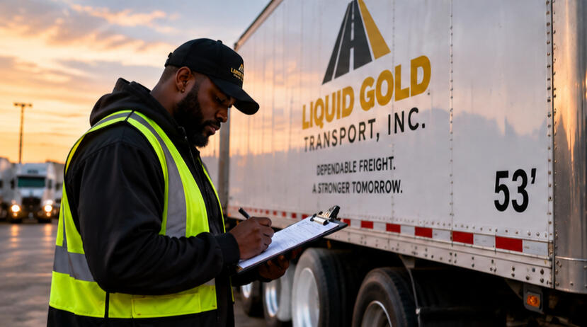 Liquid Gold Transport Freight Operations Commercial truck driver completing a freight inspection beside a Liquid Gold Transport 53-foot dry van.