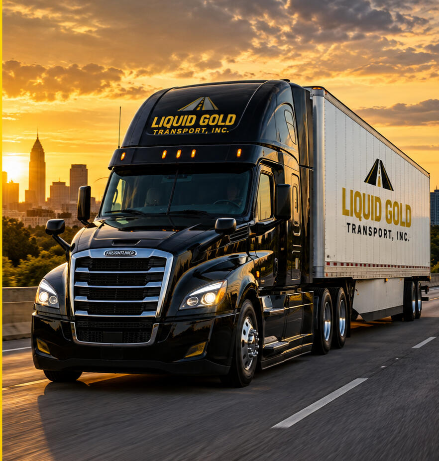 Liquid Gold Transport – Dry Van Freight Transportation Liquid Gold Transport semi truck hauling a 53-foot dry van trailer.