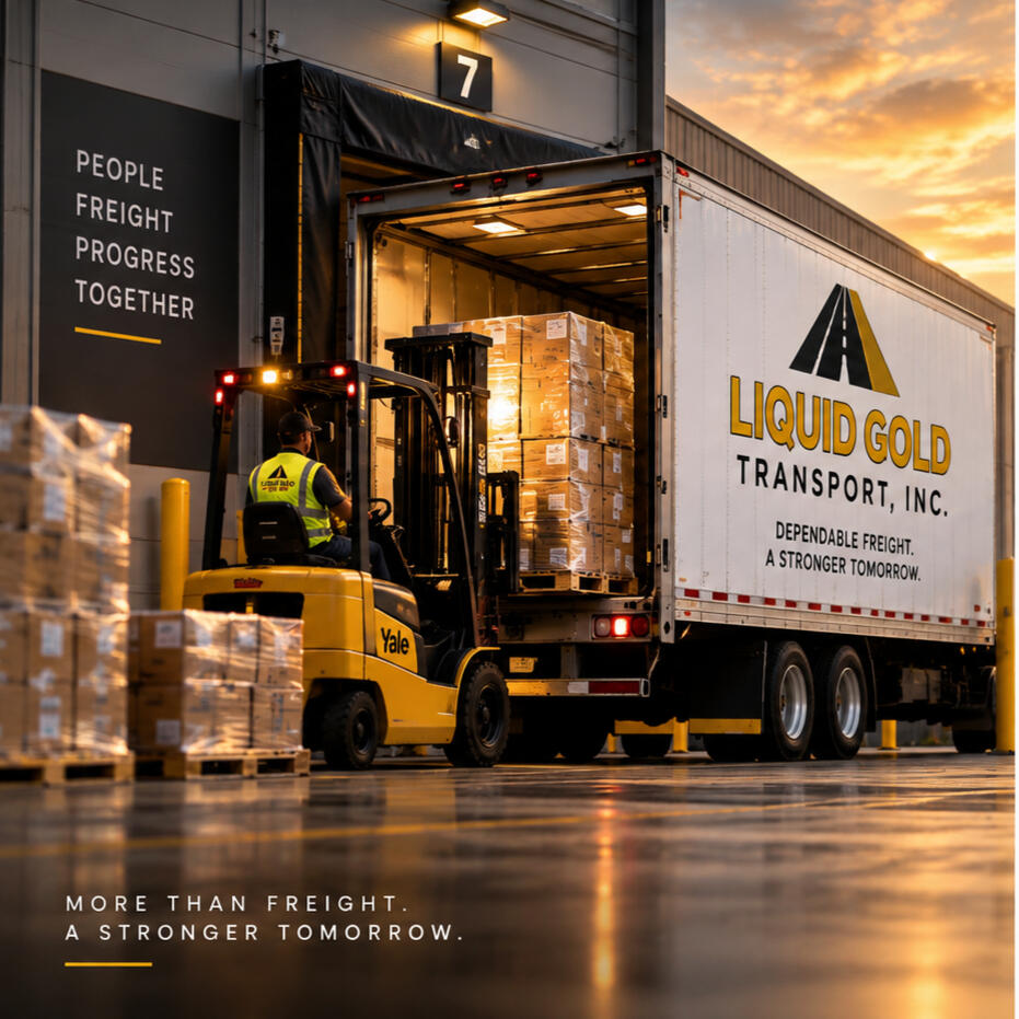 Liquid Gold Transport – Dry Van Freight Operations Palletized freight being loaded into a Liquid Gold Transport 53-foot dry van trailer at a warehouse dock.