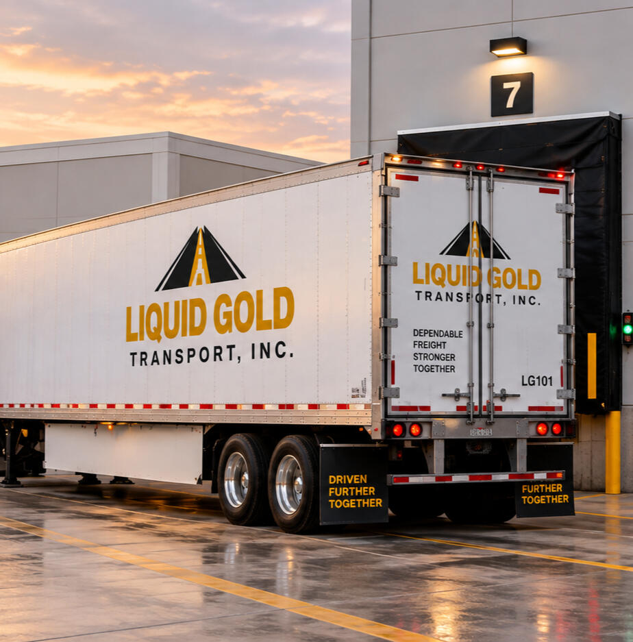 Liquid Gold Transport – 53-Foot Dry Van Liquid Gold Transport 53-foot dry van trailer with swing doors at a loading dock.